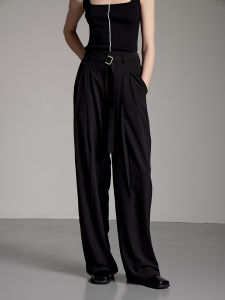 Black High Waist Draped Suit Pants Womens Casual Trousers Spring Summer Slimming Wide Leg Pants Non Restrain Polyester Fiber