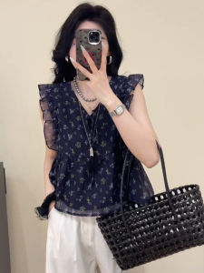 BINKAFENNY | Korean Style V-Neck Floral Splice Mesh Paneling Black Chiffon Top Women Summer Elegant Beautiful Unique Commute Fashion Trendy