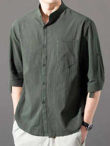 Áo Sơ Mi Nam Tay Bảy Cotton Lanh Thường Ngày Mùa Hè Thoáng Khí Thoải Mái Dáng Rộng Cổ Đứng Nút Cài