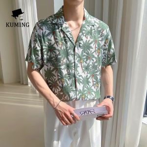 Summer New Short Sleeved Polo Neck Loose Shoulder Drop Shirt Mens Hawaiian Ice Flower Shirt