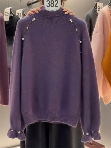 QINGNAER | Beading Sequin Half-high Collar Sweater