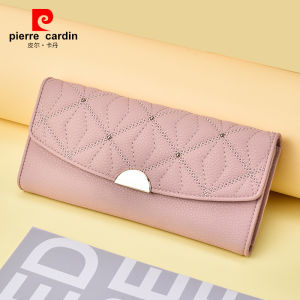 Pierre Cardin Long Wallet Womens Casual Leather Trifold Pink Money Clip Fashionable Bifold Calfskin Wallet Sweet Lady Style
