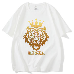Trendy Gold Stamp Tiger Head Short Sleeve Cotton T-Shirt Mens Original Crown Harajuku Style Large Size Pure Cotton Top