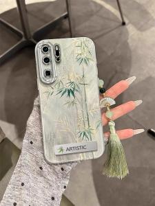 Elegant Bamboo Feather Shockproof Huawei P30Pro Phone Case Womens Version with Stand Protective Cover Simple Curved Screen Design