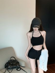 GUZILIAN | เสื้อกั๊กสีดำคอวีเปิดหลังเซ็กซี่สำหรับผู้หญิง ชุดสองชิ้น ทรงหลวม สไตล์เกาหลี ฤดูร้อน 2024 เสื้อผ้าทำงาน