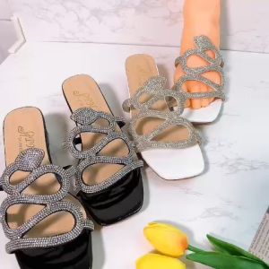 Dép nữ cao gót vuông 3p quai hình rắn đính full đá - G73 - Guốc nữ cao gót