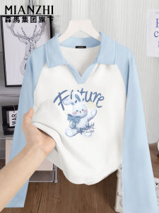 Blue Long Sleeve Womens T-shirt V-neck Autumn Fashionable Printed Loose Fit Cotton Youthful Style Short Length T-shirt