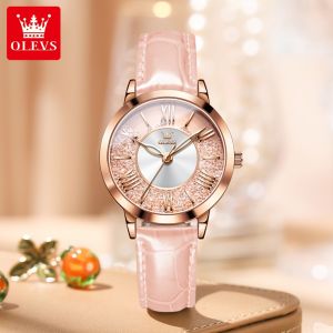 OLEVS watches for women waterproof original 2023 sales imported fashion leather watches pink/white/red