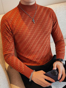 High Fashion Knitted Half High Collar Long Sleeve Sweater Mens Slim Fit Trendy Autumn Winter Fashion City Style Diamond Pattern