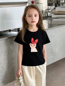Summer Cotton T-Shirt for Girls Short Sleeve Pure Cotton Thin Childrens Clothing Brand Cartoon Print Casual round Neck Top