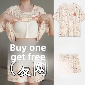 Summer Vinny Bear Pure Cotton Sleepwear Set for Women with Chest Pad One-Piece Large Size Short Sleeve Homewear