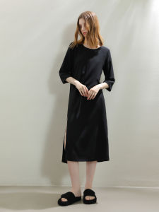 Miccbeirn | Miccbeirn Pearl Glossy Silk Loose Straight Vintage Feel Dress Mid-Length A-Line Midi Skirt Open Split Basic Style Pure Color