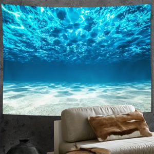 VIKAMA Deep Sea Light and Shadow Tapestry Wavy Gradient Blue Living Room Sofa Wall Meditation Ocean-Inspired Home Decor