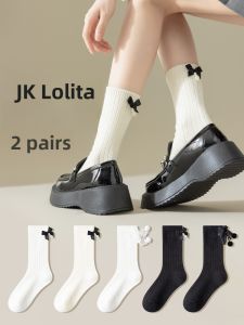 JINGCHI | Lolita Mid-calf Socks Womens Autumn Winter Style With Small Leather Shoes JK Socks Butterfly Knot Trendy Long Socks