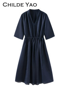 Childe Yao High-End Linen Dress Womens 2025 Summer New Lightweight Luxury Waist-Cinching Slimming Skirt V-neck A-line Dress