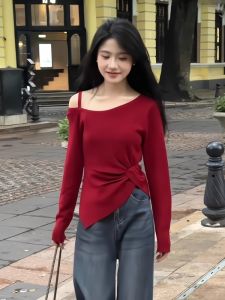 HUOLISI | Red Knitted Long Sleeve T-Shirt Design Chic