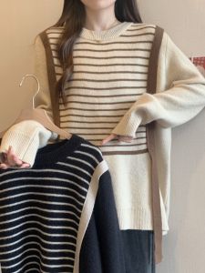 Loose Fit round Neck Knitwear Womens Autumn Winter Soft Cozy Striped Two-Piece Design Comfortable Long Sleeve Top
