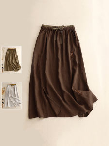 Vintage Art Embroidery Cotton Linen Skirt Plus Size Womens Color Matching High Waist Shoelace Side Slit Linen A- line Skirt