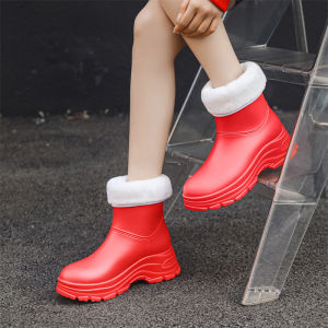 Red Snake Year Womens Fashion Anti-Slip Mid-Calf Rain Boots Lightweight Casual PU Material Spring Autumn Wear Outer Booties