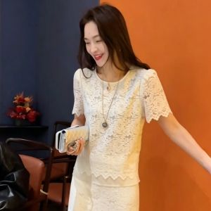 YOUFAN | Elegant Lace Short Sleeve Blouse and Skirt Set