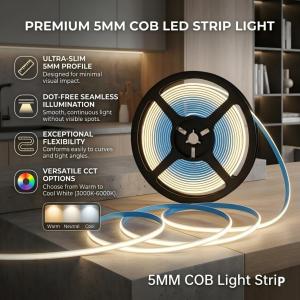 DC12V/24V 5mm PCB COB LED Strip 320/400/480LEDs 1m-5m High Density Dimming Flexible Tape for TV Backlight Bedroom Decor Lighting