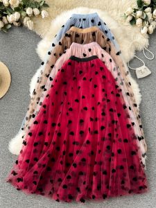 French Vintage Mesh Half Skirt Womens High Waist Midi A-Line Skirt Flocking Heart Puffy Skirt Commute Korean Style