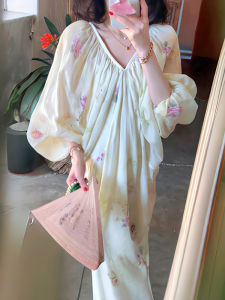 Spring Summer New Loose V-neck Flower Print Lantern Sleeve  Silk Long Dress Chinese Style Casual Womens Fashion Dress