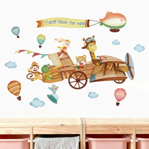 Decal giấy dán tường Máy bay động vật khám phá thế giới - Trang trí tường phòng bé theo chủ đề khám phá