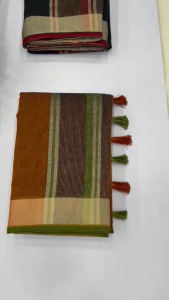 [PRE ORDER : 10 DAYS] Traditional Weaving Lining Linen Saree with Rich Gold Border and Blouse Piece _JAANVI