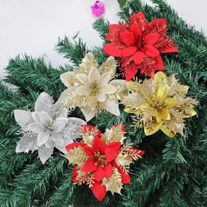 5pcs Glitter Artificial Christmas Flowers Xmas Tree Ornaments Merry Christmas Decorations for Home New Year Gifts