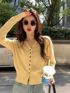 YUFUQING | Ladies Yellow V-neck Long Sleeve Knitted Open Cardigan Short Style Early Autumn New Korean Style Small Size Inner Wear Top