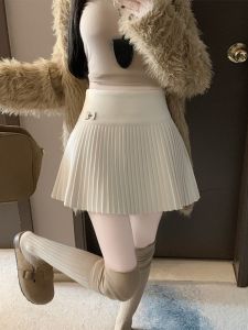 White Tennis Woolen Pleats Skirt Womens Winter Thickened High Waist A- line Skirt Stop Light Color Knitting Skirt