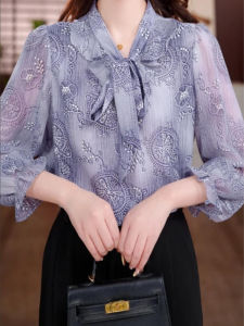 เสื้อเชิ้ตคอวีทรงสลิมฟิตแขนยาวผ้าโพลีเอสเตอร์แฟชั่นฤดูร้อนปี 2025 เสื้อเชิ้ตผู้หญิงสีม่วงเข้มดีไซน์ใหม่