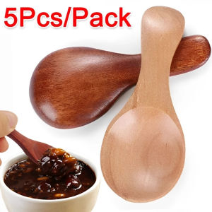 5Pcs Mini Natural Wooden Spoon Scoop Coffee Condiment Salt Seasoning Sugar Spoon Ice Cream Tea Round Spoon