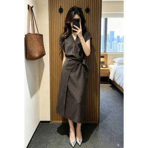 LIRUSHAN | French Style High Quality Grey V-Neck Slimming Dress