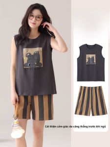 MiiOW | Bộ đồ ngủ cotton nguyên chất mùa hè cho nữ tay ngắn họa tiết hoạt hình mặc ở nhà có thể mặc ngoài trời