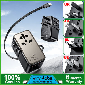 VyVylabs 85W Travel Adaptor Fast Charger A+3C 4 Ports Desktop Wall Charger Worldwide Use Compatible for 200+ Countries Retractable Type C Cable for iPhone 16 15 14 13 12 Pro Max
