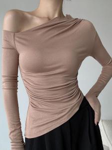 เซ็กซี่ เสื้อยืดแขนยาวไหล่ไม่สมมาตรผู้หญิง Early ฤดูใบไม้ร่วง พรางหุ่น เสื้อฐาน หลากหลาย Ruched Thread Patchwork Work Clothing