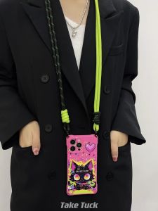 TaoLe Original Cartoon Cat Design Phone Case for Huawei Apple 15Promax Pink Anti-Fall Color Collision Green Hanging Strap Integrated iPhone16 Shell Soft TPU