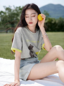 XIANGYING | Gray Short Sleeve T-Shirt for Women Summer Soft and Embroidered
