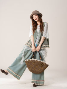 SHANGWEILUO | Vintage Denim Jacket & Bell Bottom Pants Set