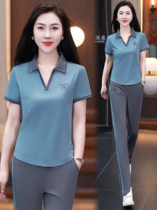 Summer Sportswear Set Womens New Ice Silk Polo Neck Short Sleeve Loose plus Size Casual Full Set Long Pants Breathable UV Protection