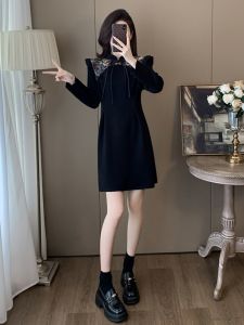 Black Long Sleeve Embroidered Slim Fit A-Line Dress Autumn Winter New Style Chinese National Style Short Length Casual Dress