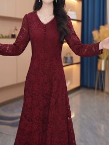 Elegant V-Neck Embroidered Midi Dress Womens Spring New Lightweight Luxury Sensation Age-Defying Mid-Length Skirt