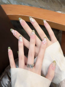 Summer Green French Handmade Long Nail Art Wearable False Nails Aurora Butterfly Cats Eye Nail Stickers Beauty Nail Products