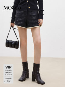 MoCo High Waist Elastic Waist Cotton Shorts Street Style Sporty Plaid Stitching Casual Pants for Women Straight Leg Short Shorts