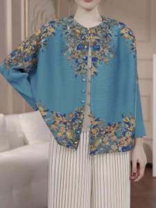 Spring 2025 New Style National Trend Pleated Slimming Womens Cardigan Short Outerwear Floral Print Early Spring Versatile