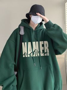 Oversize Hoodie Mens Fashion Heavyweight Green Sweatshirt American Retro Style Fleece Lined Autumn Winter Coat Casual Streetwear