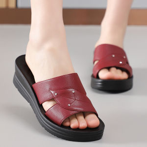 Moms Summer Slip-On Slippers Real Leather Thick Heel Comfortable Soft Bottom Anti-Slip Mid-Calf Womens Sandals Casual Footwear