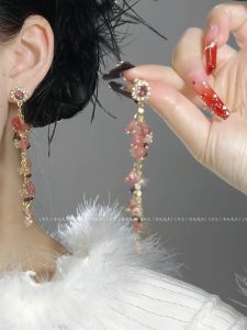 Pink Rock Crystal Long Tassel Earrings S925 Ladies Fashion Jewelry Fairy Atmosphere Ear Clips Ear Decorations Alloy Plated Silver